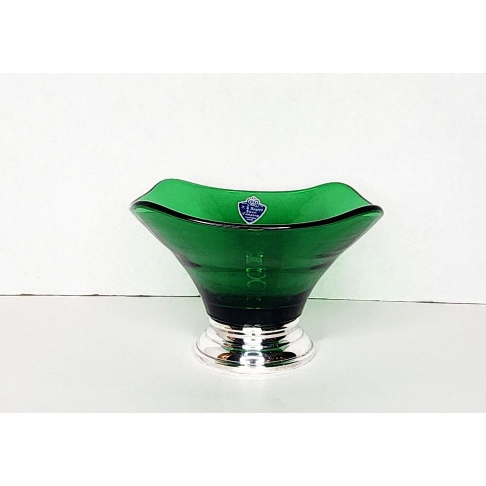 F. B. Rogers Silver Base Emerald Green Glass Compote Bowl 6"